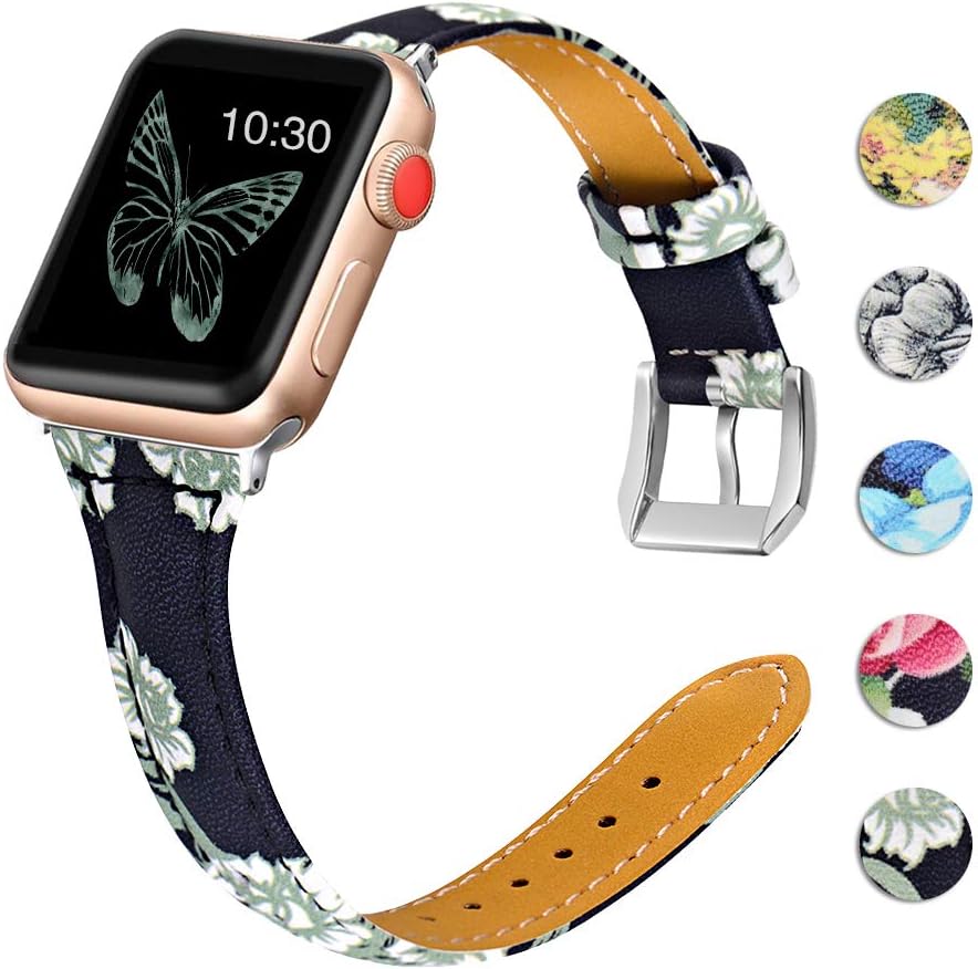 OULUCCI Compatible for Apple Watch Band 38mm 40mm 41mm, Genuine Leather Replacement iWatch Wristband Strap with Metal Buckle for iWatch SE Series 7 6 5 4 3 2 1, Slim Design for Women Men