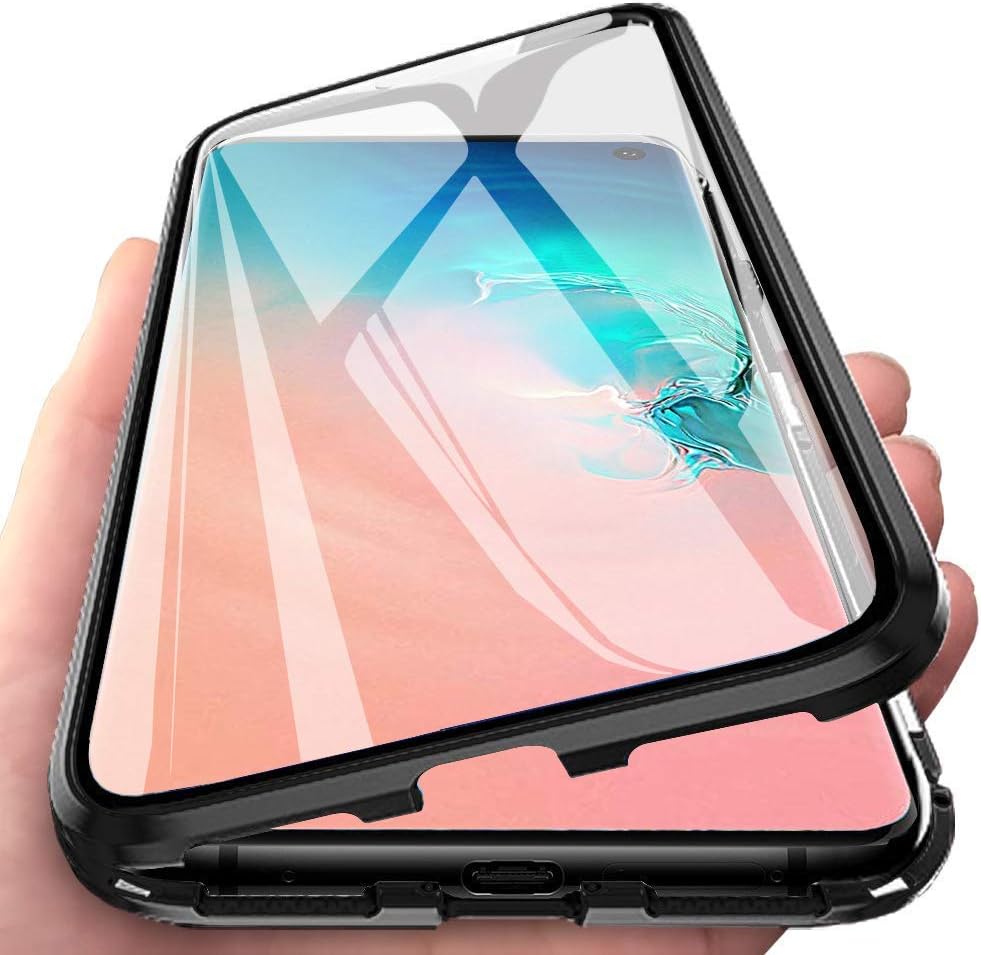 UPSTONE Compatible for Galaxy A50 Magnetic Adsorption Double Side Tempered Glass Case,Ultra-Thin Magnetic Metal Frame Full Body Protection Cover Support Wireless Charging (Black)