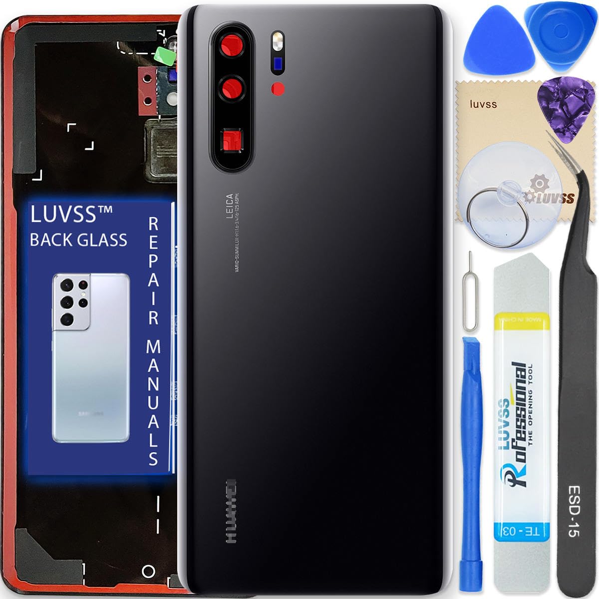 LUVSS Back Glass Cover Replacement Compitable for Huawei P30 Pro Rear Cover + Camera Lens + Repair Manual DIY Tools Kit (Black)