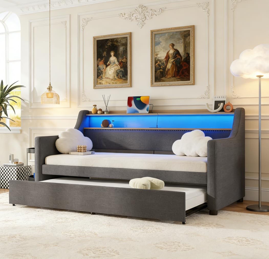 Photo 1 of ****PARTIAL SET**** Bellemave Twin Upholstered Daybed with Charging Station and LED Lights,Corner Daybed Frame with Trundle for Living Room, Linen, Gray