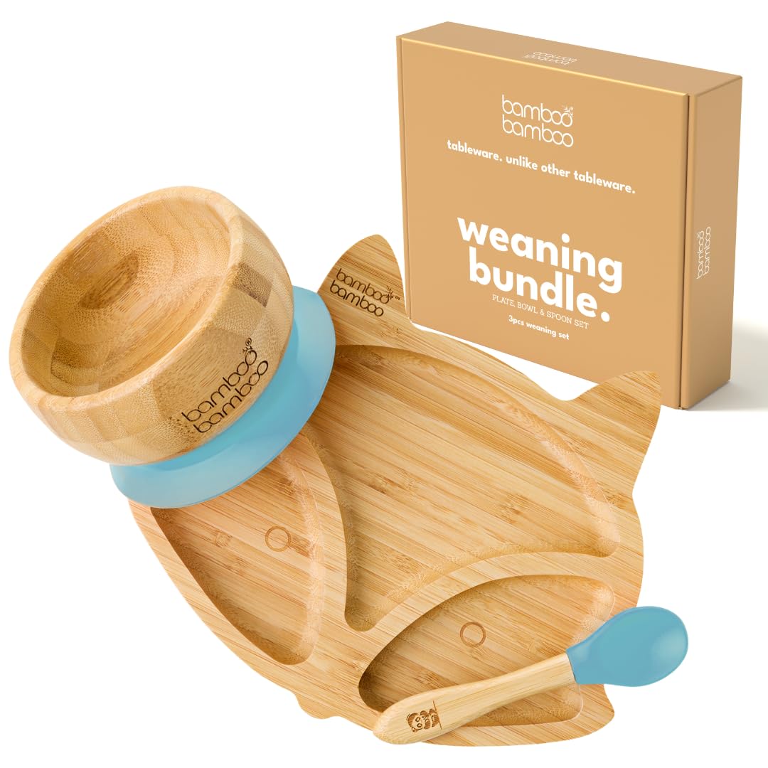 bamboo bamboo Baby Plate & Bowl Set for Feeding and Weaning, Bamboo Fox Plate, Toddler Bowl & Baby Spoon, Suction Plates for Babies from 6 Months (Fox, Blue)
