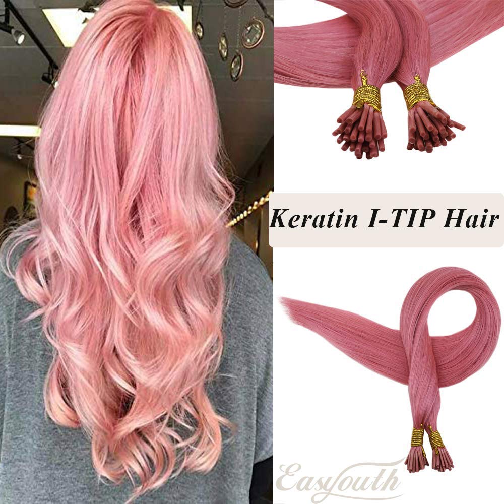 Easyouth Solid Color 20inch I Tip Colored Hair Extensions Pink