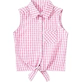 Eymitory Girls Western Shirt Plaid Sleeveless Button Down Cowgirl Outfits Tie Knot Blouse Shirts Tops B-Pink