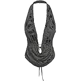 Verdusa Women's Y2k Rave Ripped Cowl Neck Halter Tops Tie Back Sexy Top
