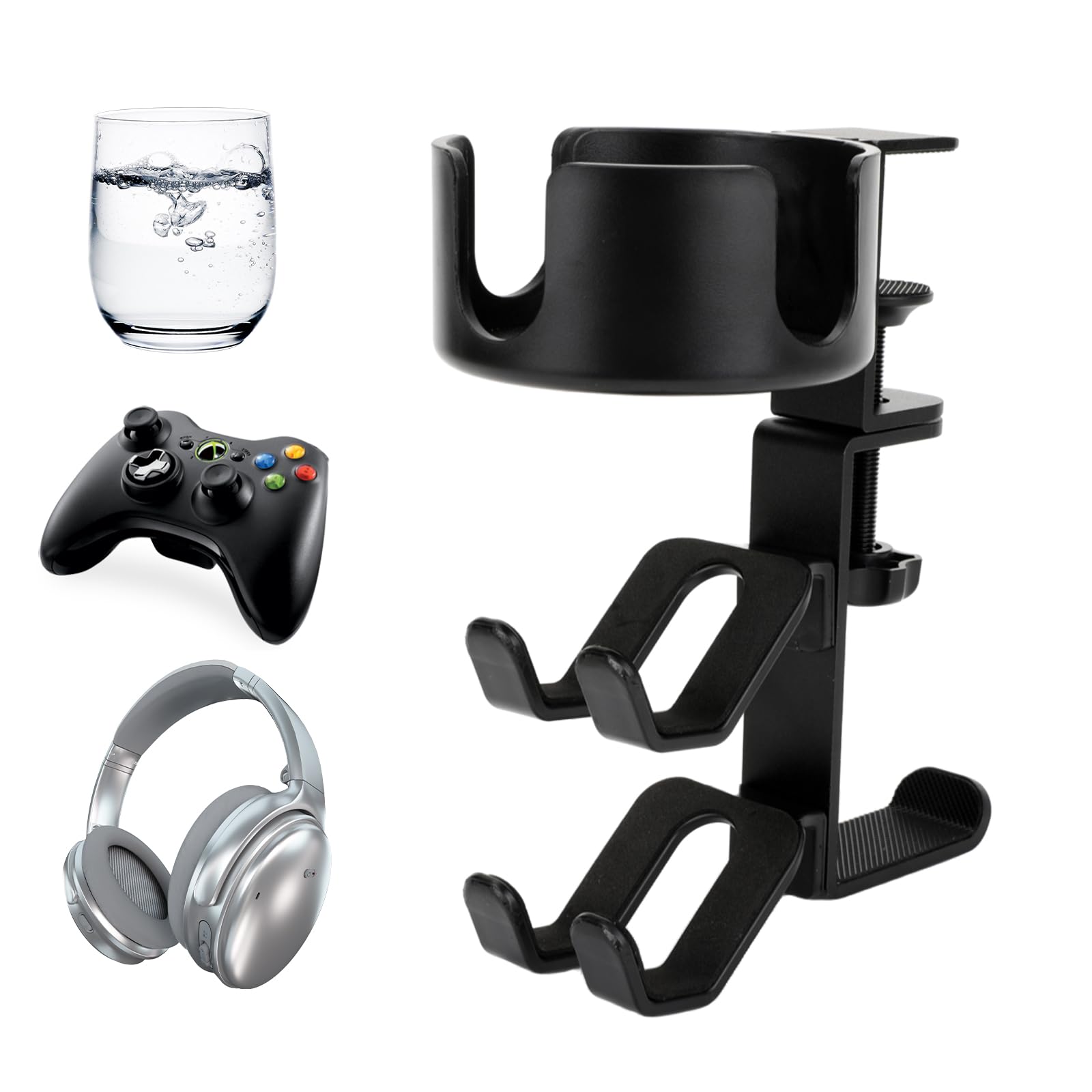 Desk Controller Holder with Headphone Hanger, 360° Rotating 3 in 1 Desk Anti-Spill Cup Holder with Headset Stand, Aluminum and Plastic