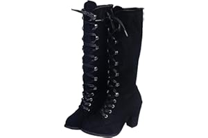 Crzidha Gothic Knee High Boots for Women,Vintage Long Strappy Lace Up Goth Punk Cosplay High Heel Long Boots Fashion Suede Upper Wide Calf Comfortable Girls Tall Boots
