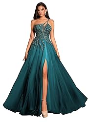 Beading Tulle Prom Dresses with Split Teal