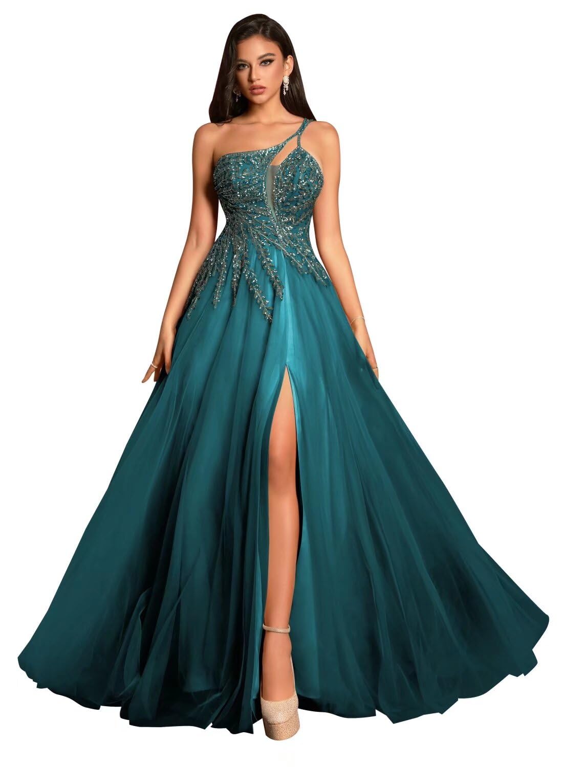 Teal Tulle Prom Dresses for Women Plus Size Beading