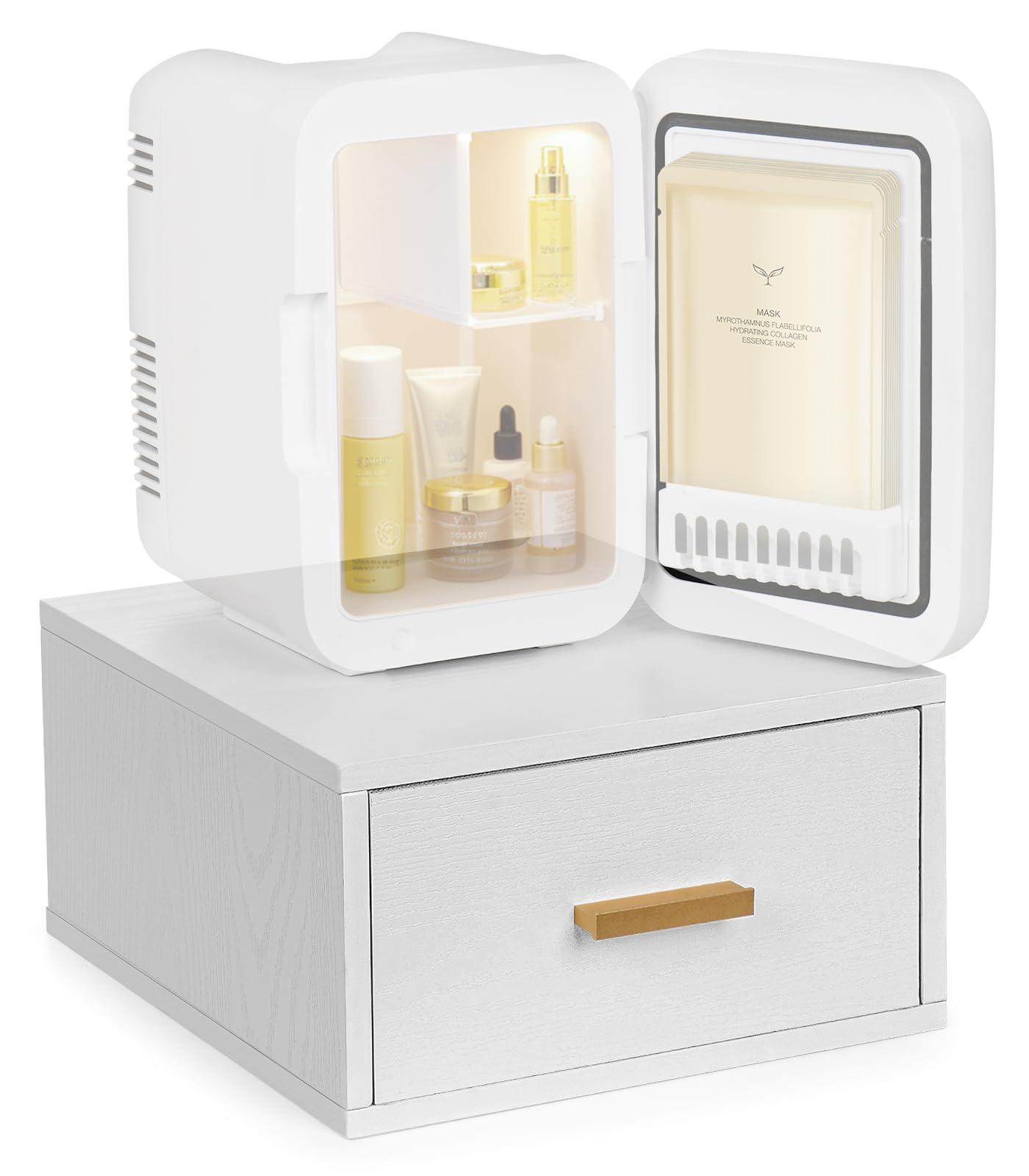 Mini Fridge Stand Holder with Drawer, Wood Vanity Organizer Countertop, Stackable Storage Drawer Box, Bathroom Counter Organizer, K-cup Coffee Pod Holder Drawer, White（Mini Fridge not included)