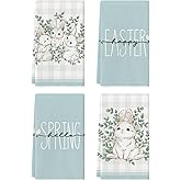 Artoid Mode Buffalo Plaid Bunny Rabbit Eucalyptus Leaves Happy Easter Kitchen Towels Dish Towels, 18x26 Inch Seasonal Spring Decoration Hand Towels Set of 4