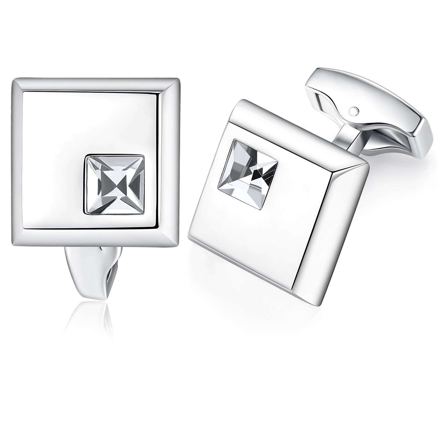 HONEY BEAR Square Crystal Cufflinks for Men Shirt Business Wedding Gift (White)