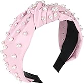 YISSION Pearl Embellished Knotted Headband for Women & Girls - Wide Faux Leather Pink Hair Hoop, Fashion Hair Accessory for Daily Wear, Party, Wedding & Holiday