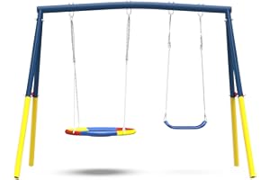 KDYMOD Swing Set for Backyard with Stand, Swing Heavy Duty 440lbs Metal Outdoor Swing Stand, Contain 1 Saucer 32" & 1 Belt seat 26.2" for Playground - Backyard Playset