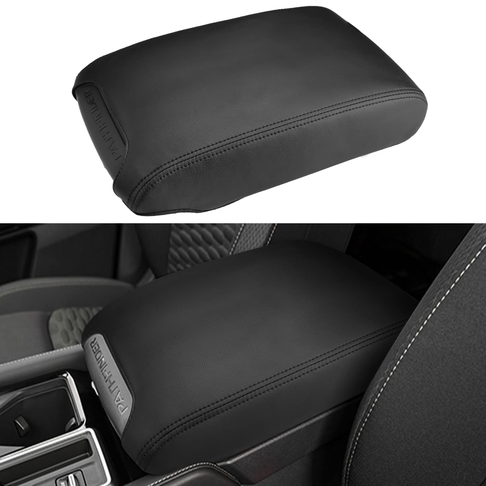 Photo 1 of INTGET Center Console Cover for Nissan Pathfinder Accessories 2022 2023 2024 2025 Interior Leather Middle Console Lid Protector Replacement for Pathfinder Console Cover (Black Stitches)