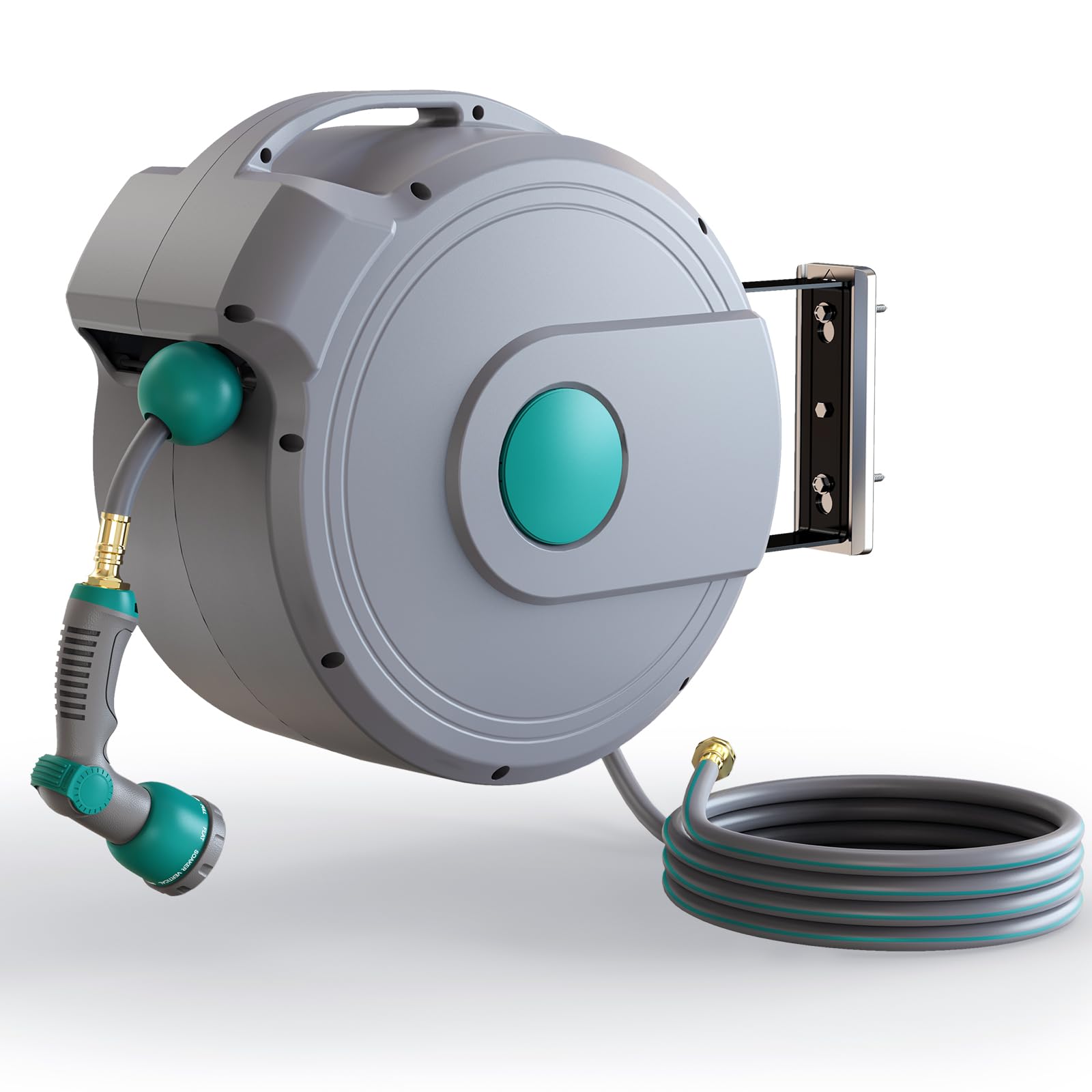 Photo 1 of Gilbest Retractable Garden Hose Reel,1/2 in x 100 ft Wall Mounted Hose Reel, with 10- Function Sprayer Nozzle, Any Length Lock/Slow Return System/Wall Mounted/180°Swivel Bracket (Grey)