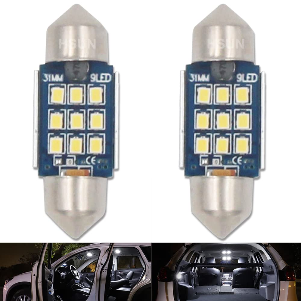 HSUN 31MM Festoon C5W LED Bulb,12V-24V Voltage DE3175 3175 6428 6430 DE3021 DE3022 DE3023 Canbus Error Free with 9LED SMD2016 Chip for Car Interior Dome Reading Light and more,2 Pack,6000K White