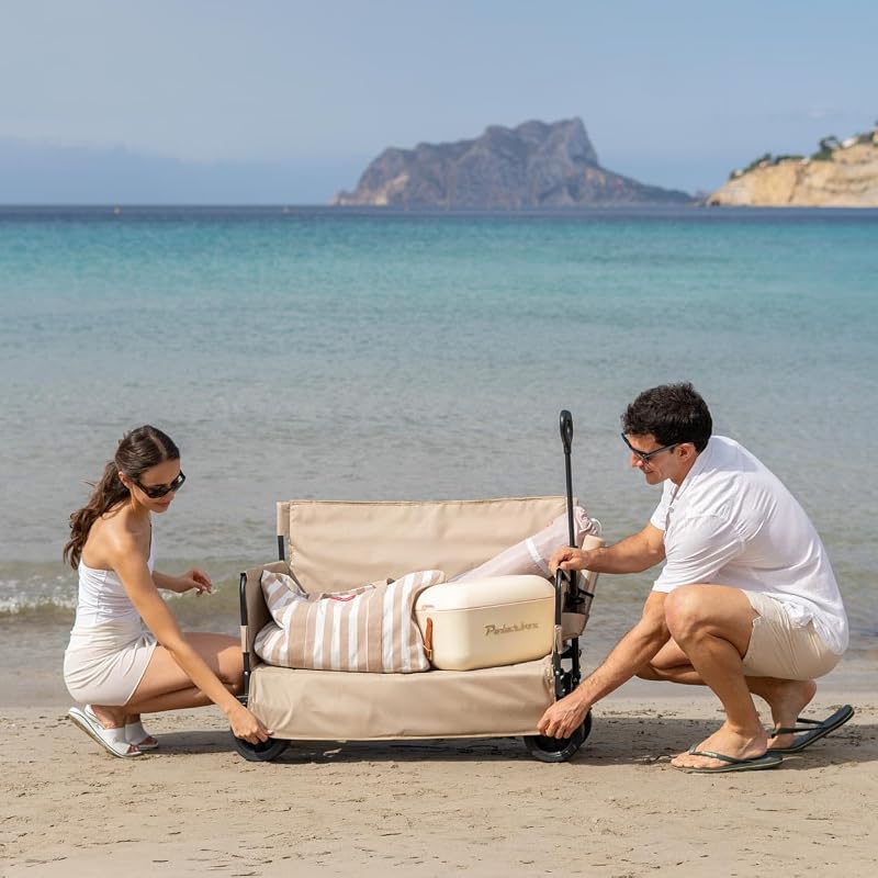 Carro Playa - Plegable con Ruedas - Giro 360º - Bolsa para Protección - Poliéster y Acero - 57x99x73cm - Beige
