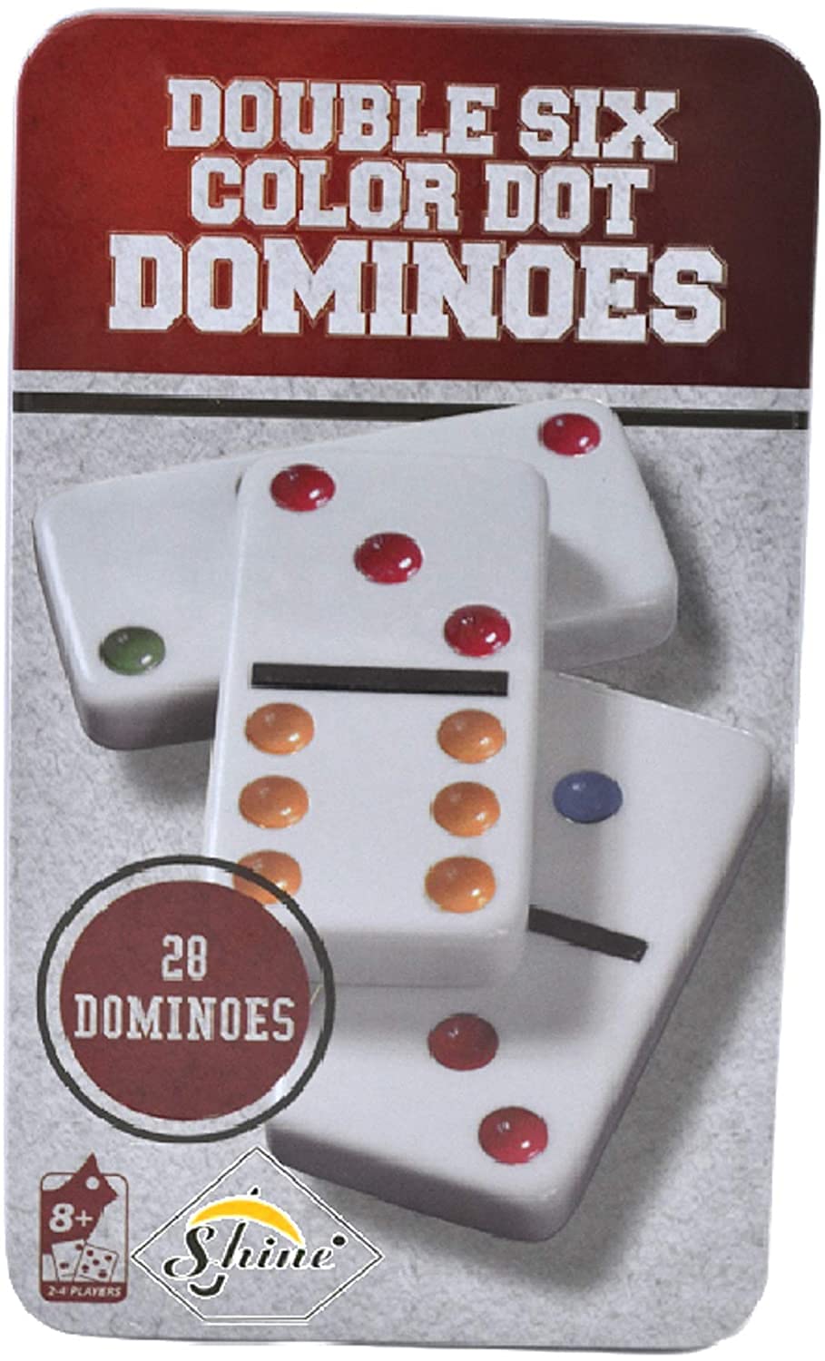 Shine Double Six Color Dot Dominoes Game - 28 Dominoes Double 6 Dominoes Set in a Tin Box, Petit