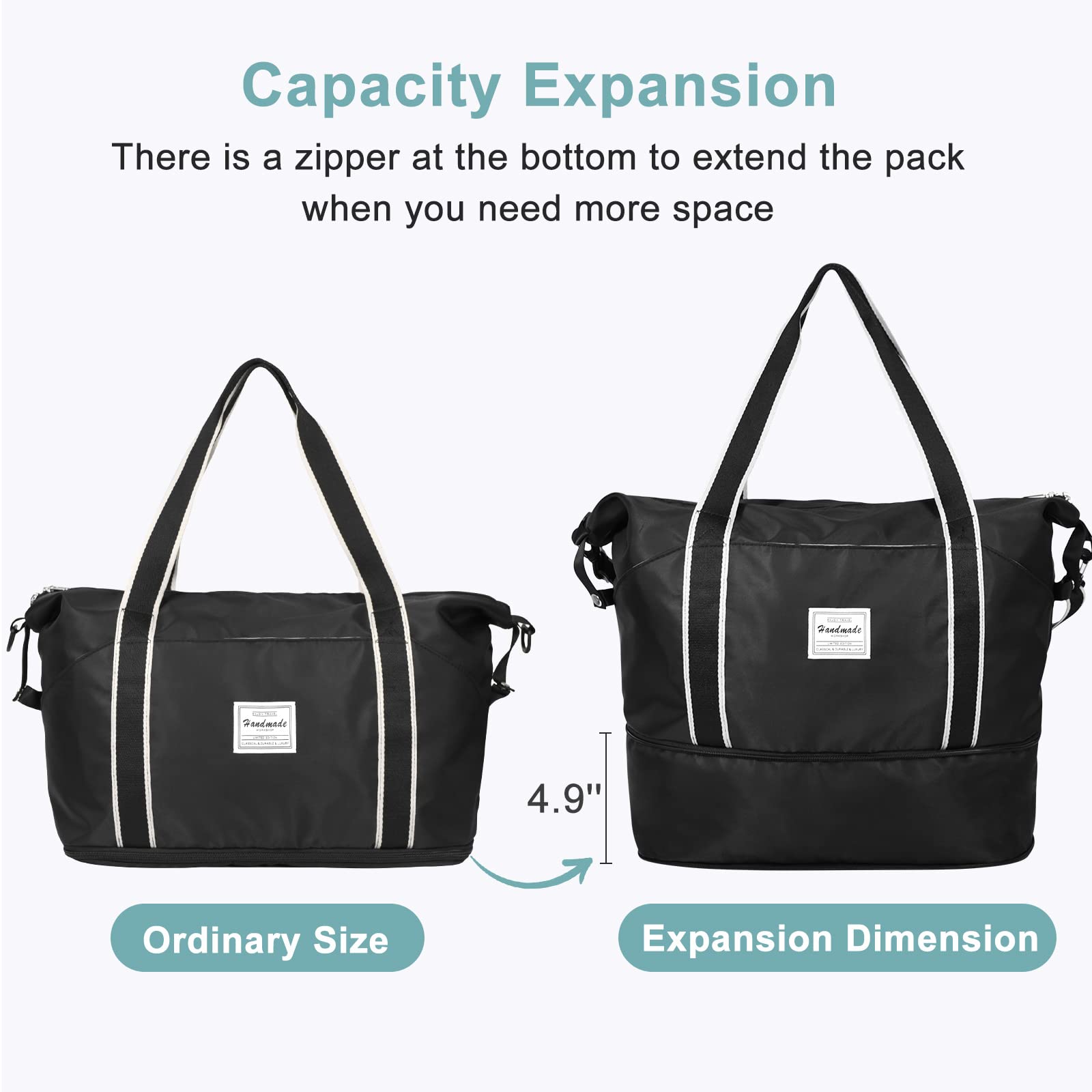 DMLuna Travel Duffel Bag, Tote Sports Gym Bag, Shoulder Overnight Weekender Bag for Women & Men, Hospital bag, Expandable Duffel Bag with Trolley Sleeve/Wet Pocket