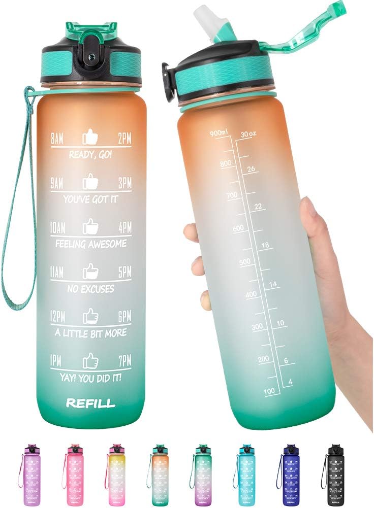 32 oz Motivational Water Bottle with Time Marker & Straw - BPA Free & Leakproof Tritian Frosted Portable Reusable Fitness Sport 1L Water Bottle for Men Women Kids Student to Office School Gym Workout