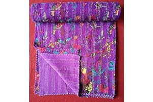 ShakDeco Indian Handmade Print Vintage Kantha Quilt Cotton Bedspread Bohemian Bedding Coverlet Throw Reversible Blanket Both Twin and Queen Sized (Purple, Queen 90x108 Inch)
