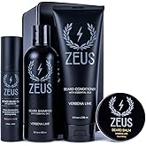 ZEUS Everyday Beard Care Kit for Men, Beard Shampoo, Conditioner, Refined Oil & Styling Balm, Softens, Hydrates, Tames & Strengthens (Made in USA) Verbena Lime