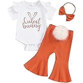 Bonangber Newborn Baby Girl Easter Outfit Bunny Print Short Sleeve Romper Bodysuit Pompon Bell Bottoms Set With Headband