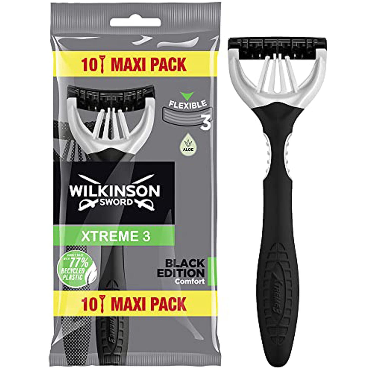 Wilkinson Sword Xtreme 3 - 10 Disposable Razors - Black Edition, Male, Classic Style, Aloe Vera Lubricating Strip, Flexible 3 Blades, Ergonomic Dual-Material Handle