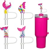 Amreich Mermaid Straw Toppers, 4 PCs Hot Pink Straw Covers Caps for Stanley Cup, Silicone Straws Cover for 10mm Straws Tumblers Cute Stanley Accessories