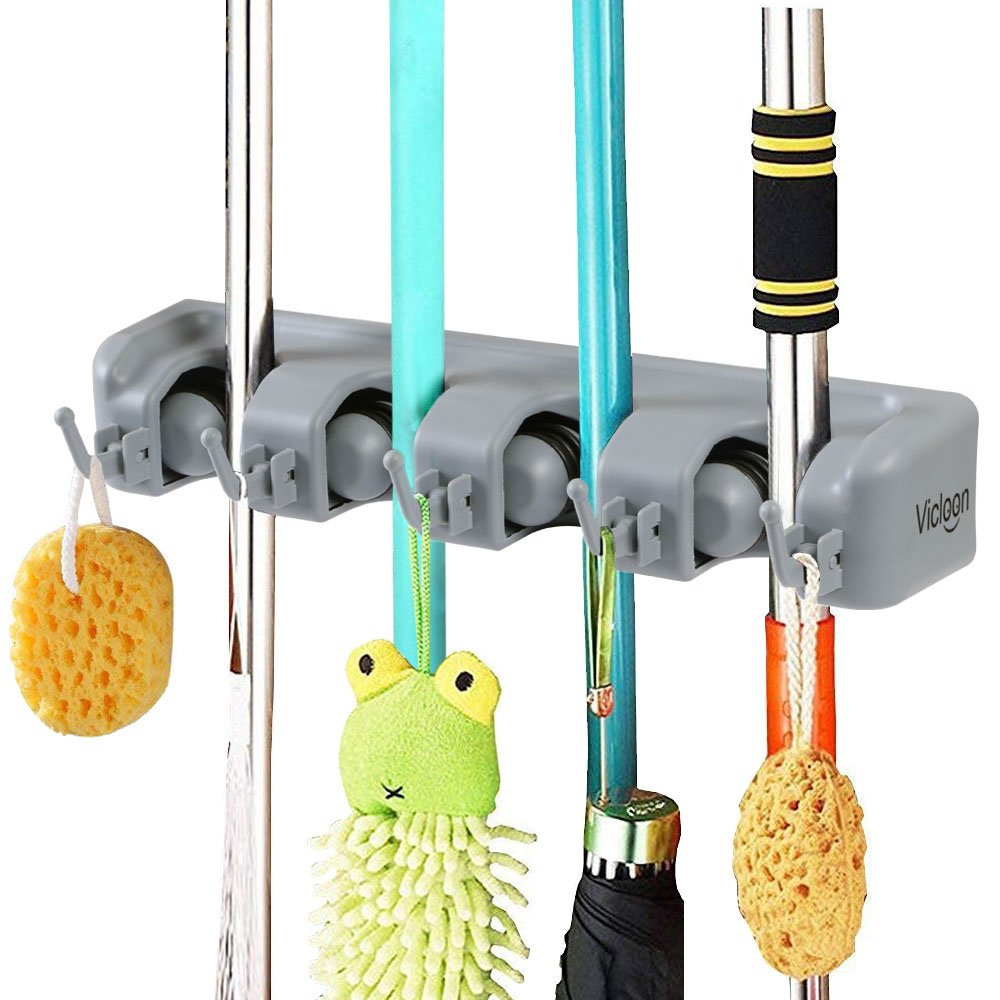 Vicloon Broom Mop Holder Tidy Organizer, Wall Mounted Organizer with 4 Position 5 Hooks for Brush Mop and Broom Tool Storage