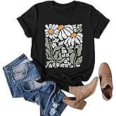 Cute Boho Floral Graphic T-Shirt for Women Vintage Daisy Wildflower Print Tee Trendy Summer Casual Tops