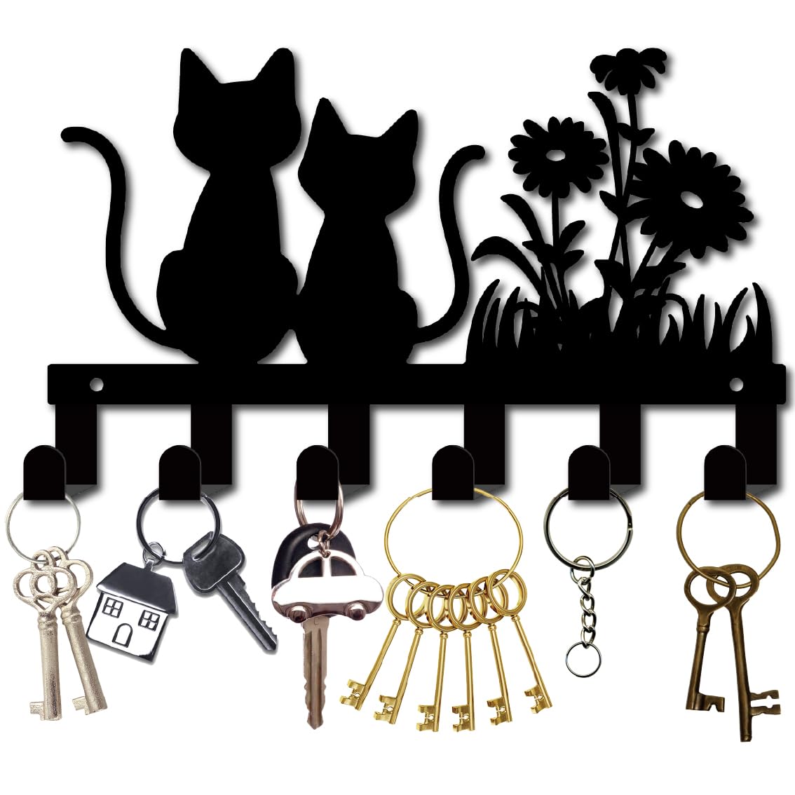 CREATCABIN Cat Key Holder Wall Mount Flowering Shrubs Key Hangers Hooks Metal Keys Holder for Wall Black Key Organizer Rack Hanging Wall Decorative with 6 Hook for Entryway Front Door 10.6x6.3Inch