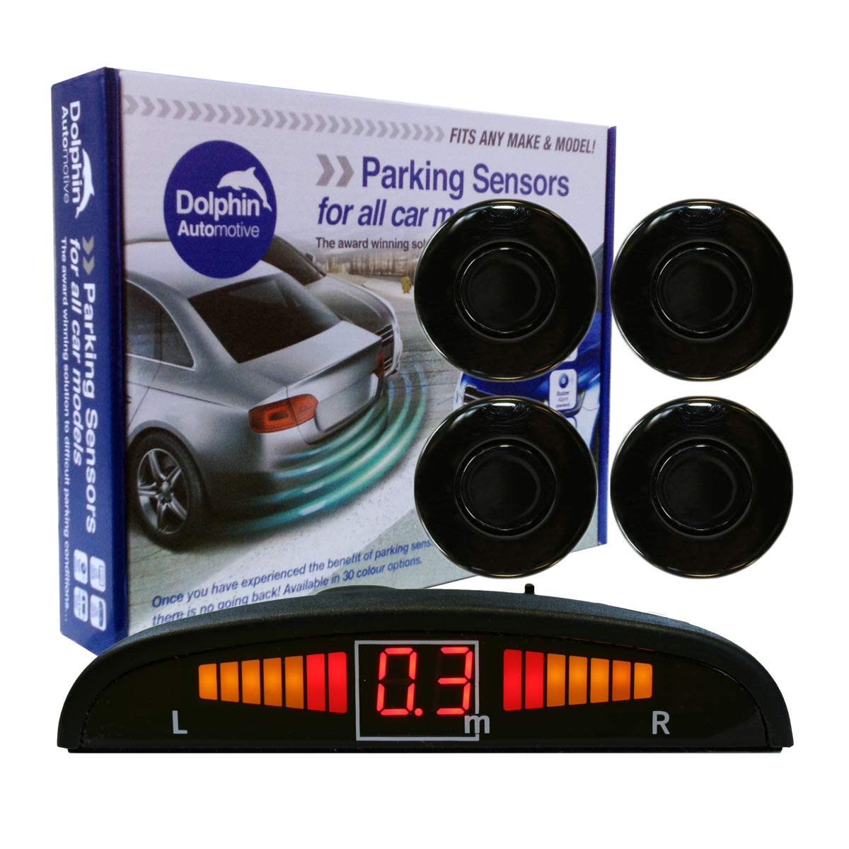 Dolphin Automotive DPS450 Reverse Parking Sensors In 32 Colours 4 Ultrasonic Radar Sensors Kit Audio & Display Alert System - Gloss Black