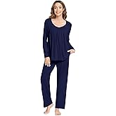 NACHILA Pajamas for Women Long Sleeve Sleepwear Comfy Pants Pajama Set Pleated Pjs with Pocket,Viscose Made from Bamboo