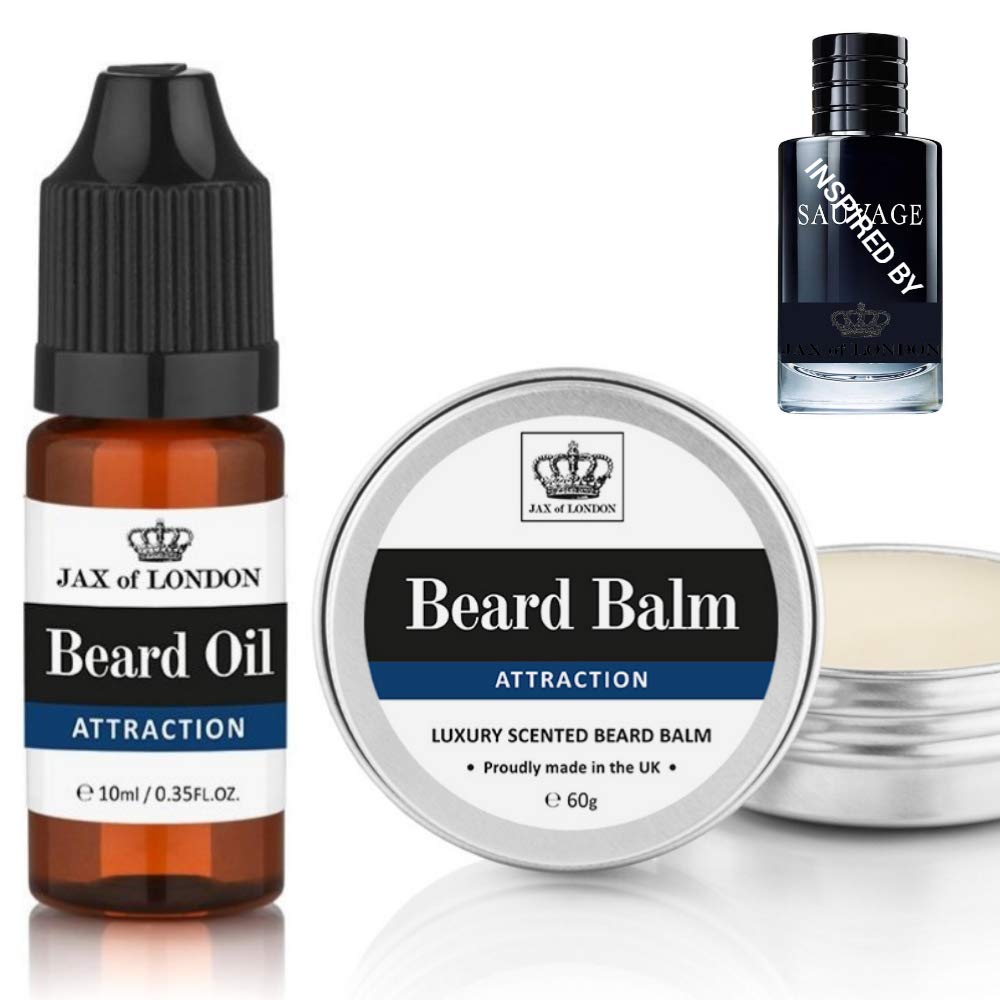 Attraction Beard Balm & Oil Set for Men – Cologne Inspired by Sauvage – Styling Balm 60g + 10ml Beard Oil – Fresh Masculine Scent – Softens, Tames & Conditions – Made in UK