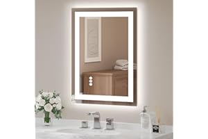 USHOWER LED Bathroom Mirror 24x32 Inch Tempered Glass - Frameless LED Backlit Lighted Mirror for Bathroom Vanity with Anti-Fog, 3 Colors Dimmable, Memory Function, Wall-Mounted