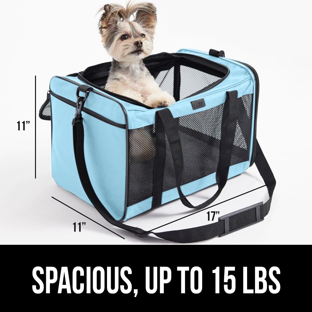 GORILLA GRIP Airline Travel Cat Carrier Bag Up to 15 Lbs, Breathable Mesh Collapsible Pet Carriers for Small, Medium Cats, Small Dogs, Puppies, Portable Kennel with Soft Washable, Light Blue