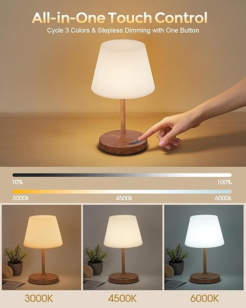 GILEOLANT CORDLESS TOUCH TABLE LAMP, 4000MAH RECHARGEABLE SMALL DESK LAMP WITH 3 COLOR TEMPERATURES & STEPLESS DIMMING, PORTABLE LED BEDSIDE LAMP FOR BEDROOM, LIVING ROOM, PATIO & CAMPING, WOOD GRAIN