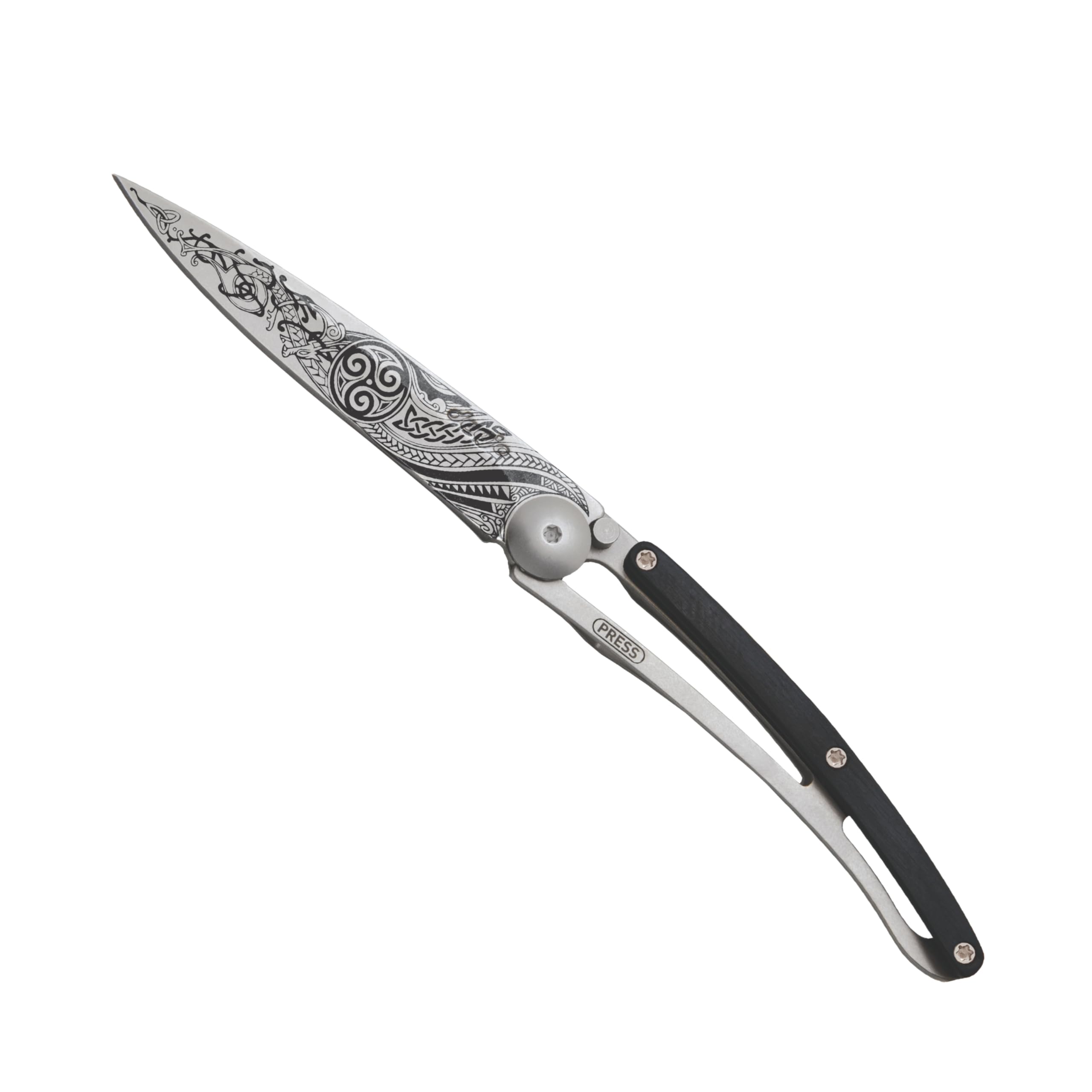 deejo – Klappbares Taschenmesser 27 g mit Gürtelclip – Griff aus Ebenholz, Klinge aus Edelstahl Z40C13 – Keltisches Motiv – Tischmesser, Wandern, Camping, Biwak 2
