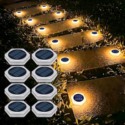 YiLaie Twilight Solar Lights Outdoor Garden 20 LEDs, 10 cm Solar Beacon Hexagonal Ground Adhesive Lighting 360°, IP68 Waterproof for Path, Parking, Stairs, Sidewalk, Warm White (8 Pack)