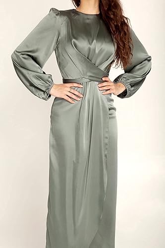 v neck long sleeve satin wedding dress A-Line Long Sleeves Satin Wedding Dresses with V Neck, Diamond White / 16