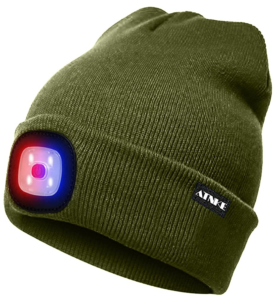 ATNKE LED Lighted Beanie Cap,USB Rechargeable 4 LED Red and Blue Glow Flashing Running Headlamp Hat Winter Warm Gifts for Men and Women/ArmyGreen