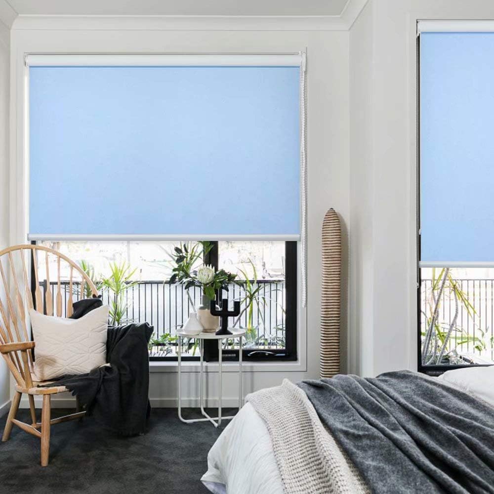 Kingmond 100% Blackout Soft Fabric Sun Shading Custom Window Roller Shades Blinds for Indoor and Outdoor,53" W x 56" L, Light Blue