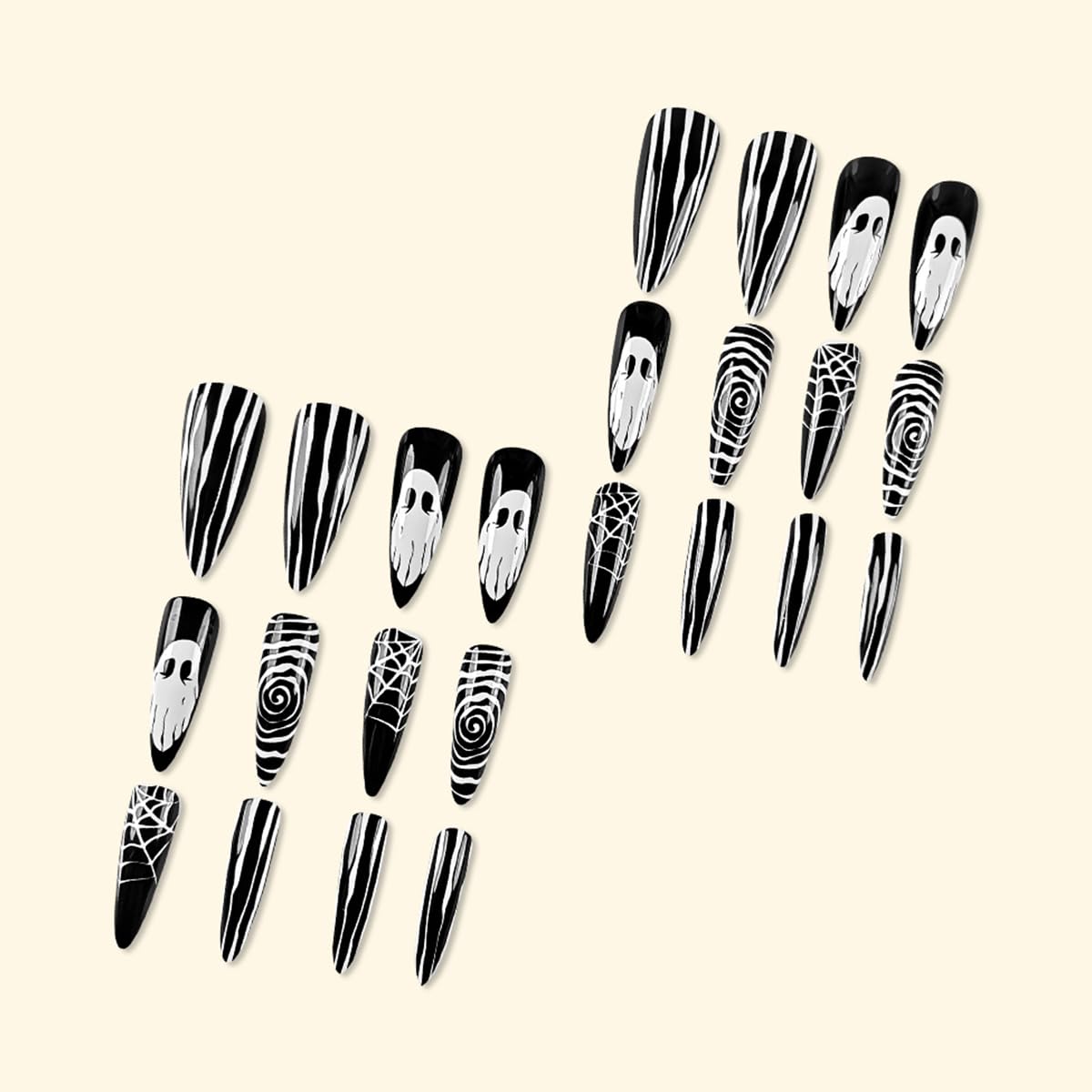 Halloween Horror Ghost Press on Nails Long Pointed Fake Nails Black White Stripe Spider Web Halloween Nail Art Designs Full Cover Glue on Nails Glossy Reusable Artificial False Nails for Women 24Pcs - Image 5