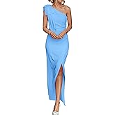PRETTYGARDEN Women's Summer One Shoulder Long Formal Dresses Sleeveless Ruched Bodycon Wedding Guest Slit Maxi Dress