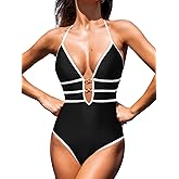 CUPSHE Women's One Piece Swimsuit Halter Plunging Neck Cutout Back Bathing Suit Spaghetti Adjustable Straps O Ring