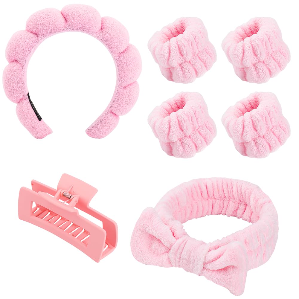 7 Pcs Spa Bow Headband Set, Makeup Headband and Wristband Hairpin Set, Shower Hair Accessory Set (Pink) — image 1