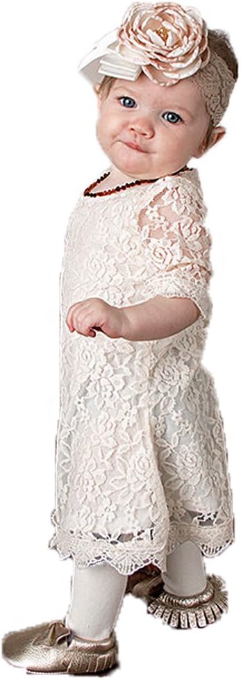 April Girl Hollow Flower Girl Dress, Lace Dress 3/4 Sleeve Dress (9-12Months, White)