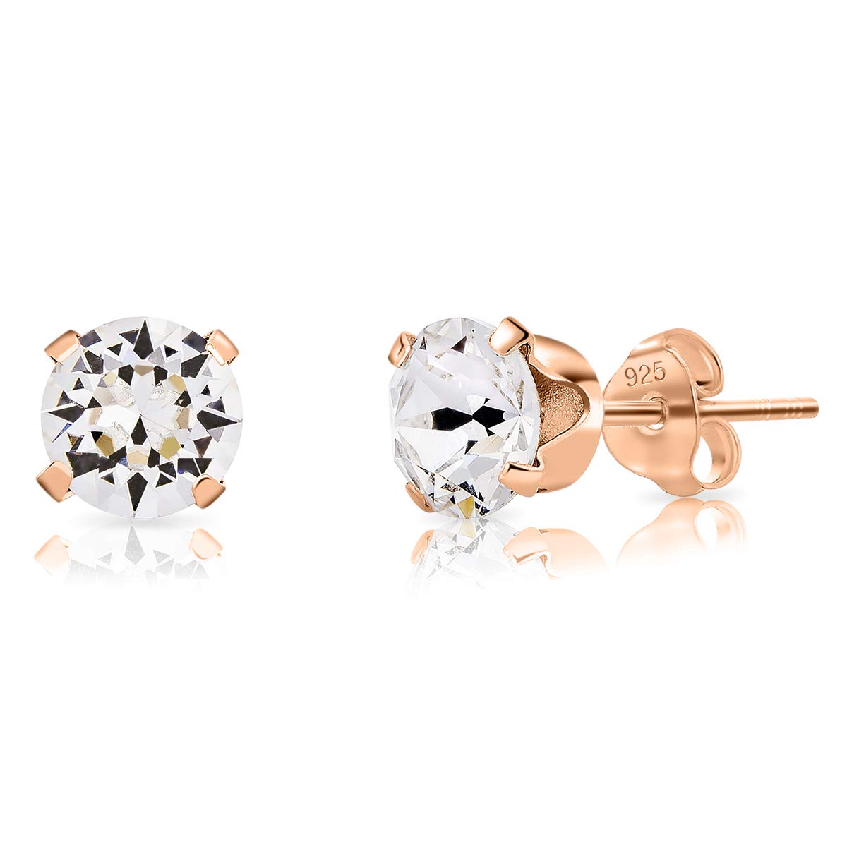 Clear Crystal Earrings - 925 Sterling Silver Stud Earrings Rose Gold Plated 18K with Round Crystals 6 mm - Classic Elegant Hypoallergenic Studs for Women