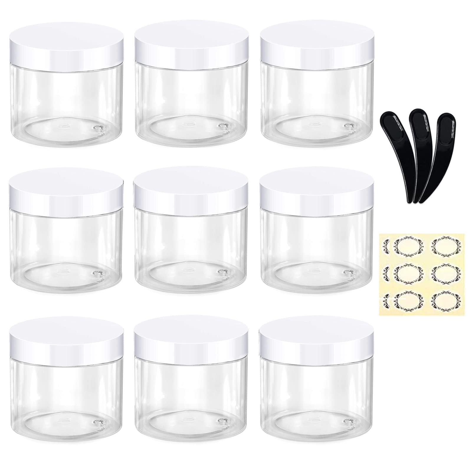 Alledomain 9Pcs 50g/50ml Empty Plastic Jars with 3 Mini Spatulas & 12 Labels Round Clear Cosmetic Sample Container with Inner Liners & White Lids Travel Storage for Lotion Cream Ointments Makeup